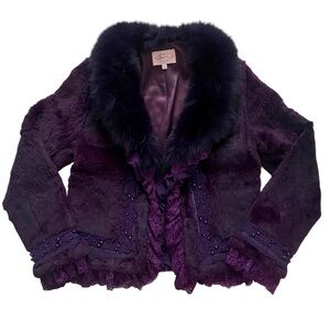 PURPLE FAUX FUR COAT WITH LACE RUFFLES AND BEADED DETAILING SIZE LARGE